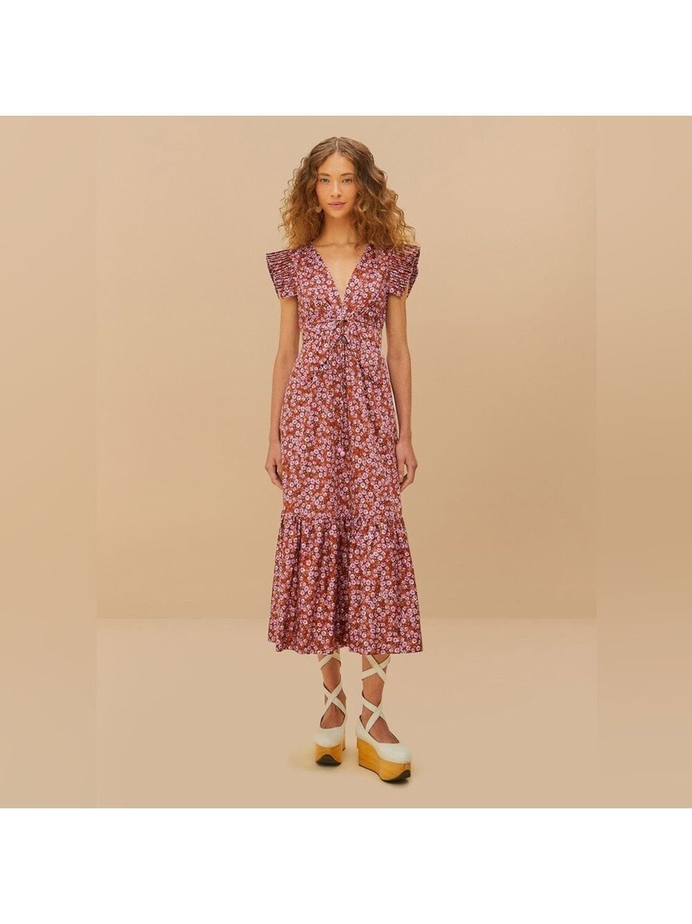 Farm Rio Brown Tiny Yard Butterfly Midi Dress